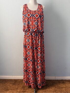 Magic Orange/multicolor Geometric Print Pullover Stretch Sleeveless Maxi Dress L